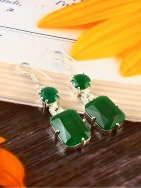 Handmade Green Onyx 925 Sterling Silver Earrings.